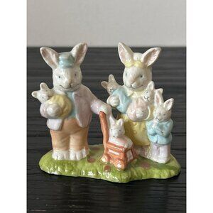 VTG Porcelain Bunny Rabbits Family Figurine Easter Decor Baby in Stroller Pastel